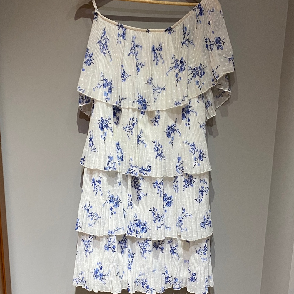 Frank Lyman Design Ivory Dress with Indigo Floral Pattern